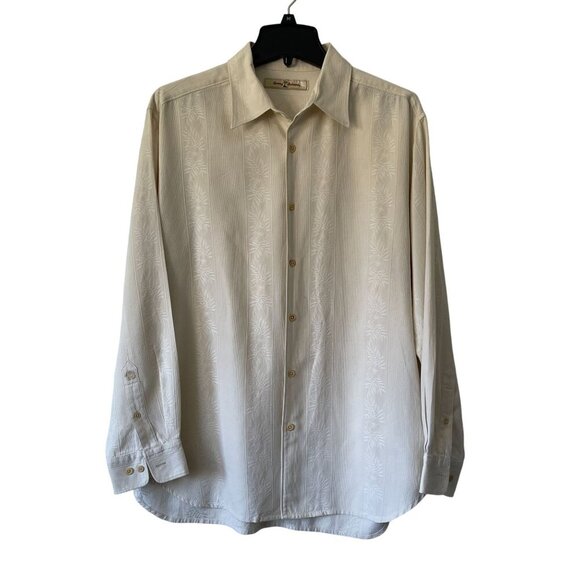 Tommy Bahama Beige Long Sleeve Button-Up Shirt M Silk Blend Textured Palm Leaf - Picture 1 of 9